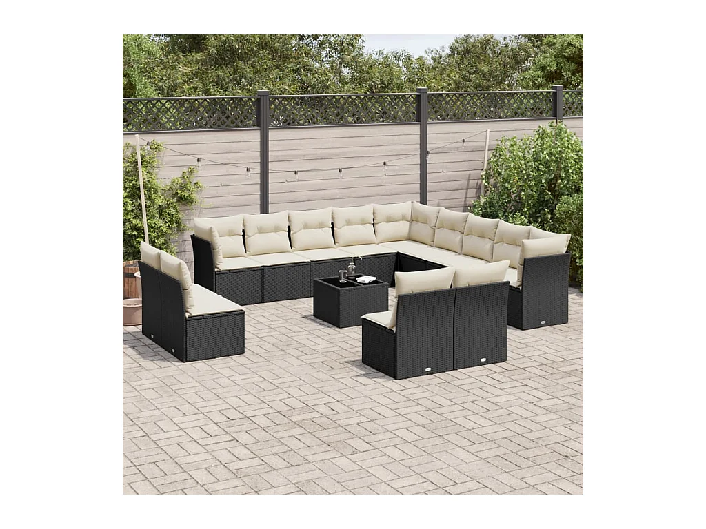 Salon de jardin avec coussins 14 pcs noir résine tressée