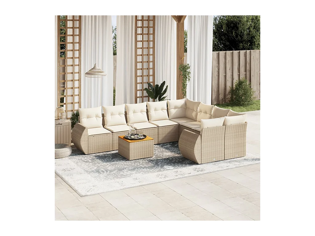 Set Divano da Giardino 9 pz con Cuscini Beige in Polyrattan