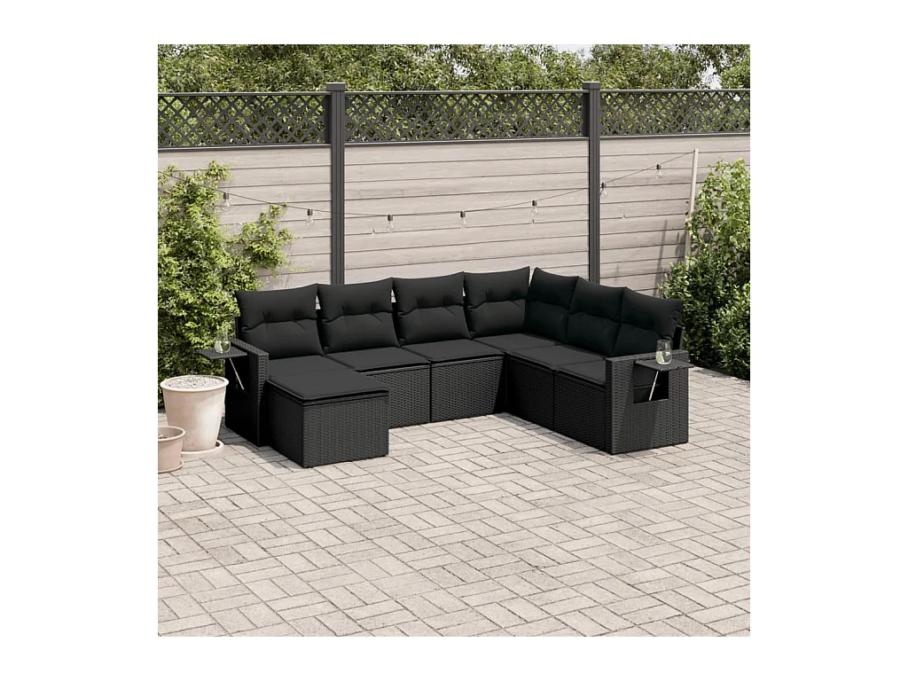 7 pcs conjunto de sofás p/ jardim c/ almofadões vime PE preto
