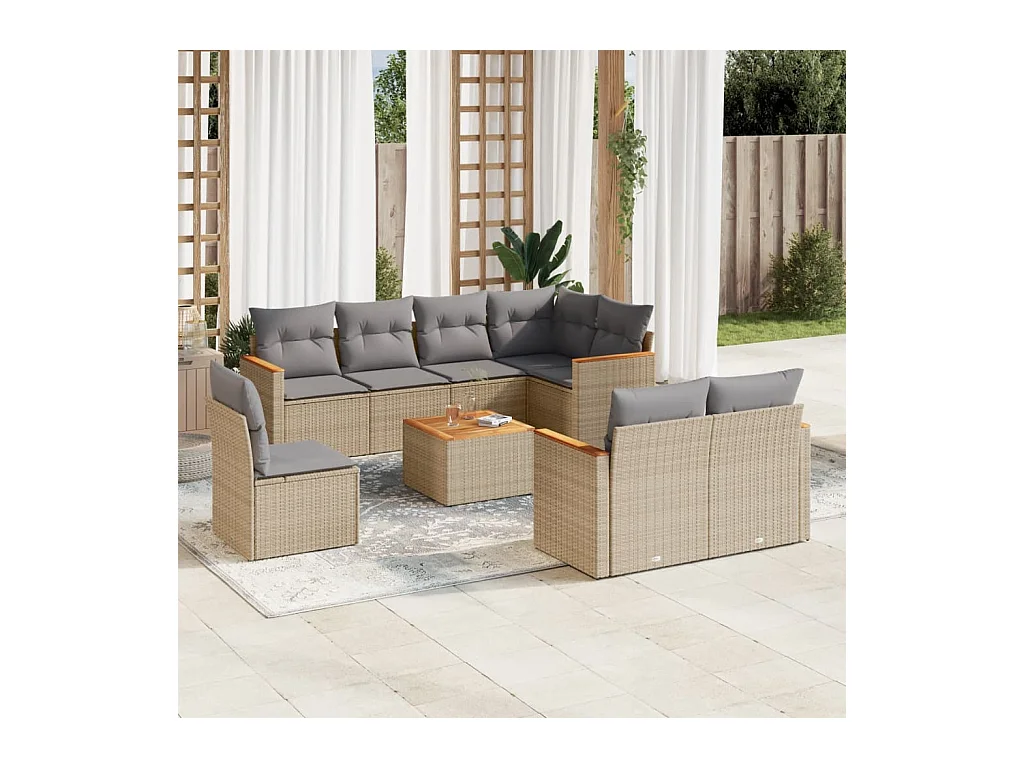 Set Divano da Giardino 9 pz con Cuscini Beige Misto Polyrattan