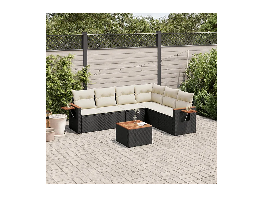 Set de comedor de jardín 7 pzas y cojines ratán sintético negro