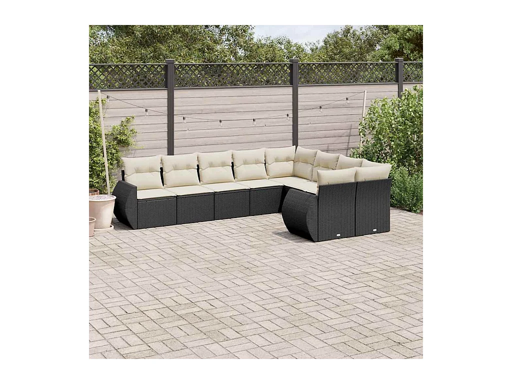 9-delige Loungeset met kussens poly rattan zwart