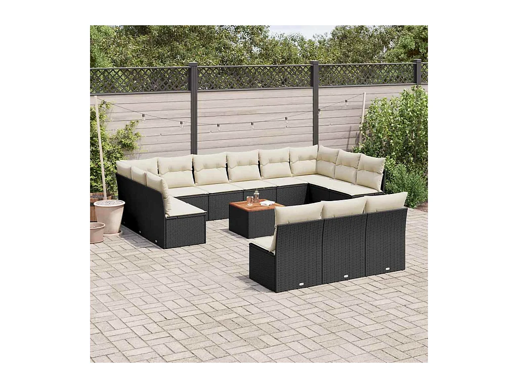 Salon de jardin avec coussins 14 pcs noir résine tressée