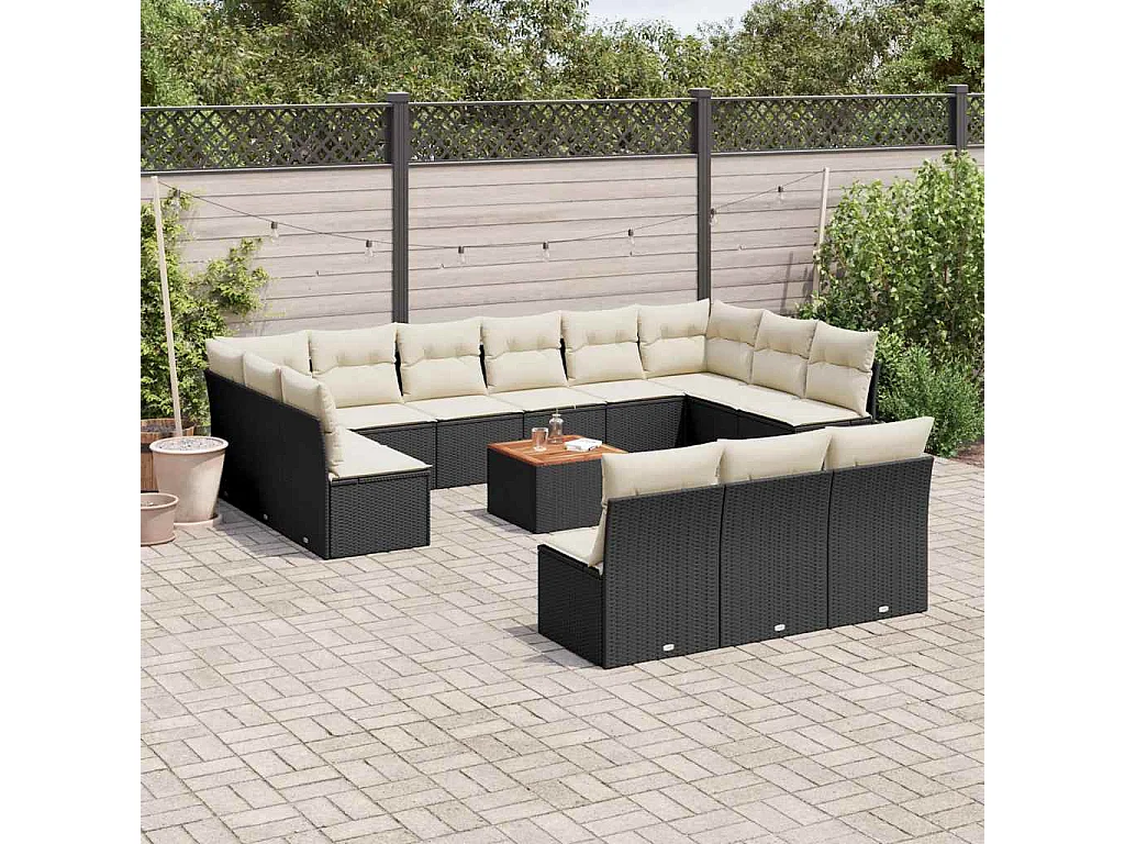 14 pcs conjunto de sofás p/ jardim c/ almofadões vime PE preto