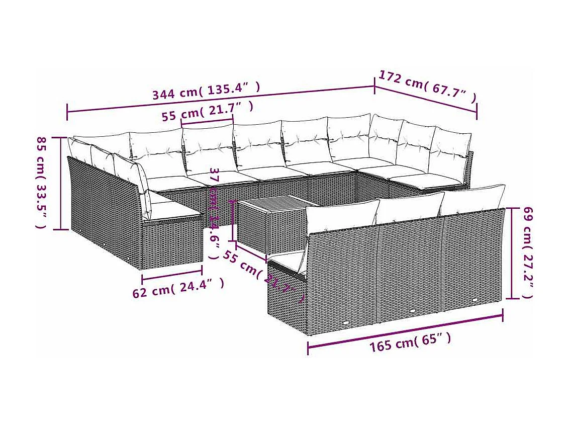 14 pcs conjunto de sofás p/ jardim c/ almofadões vime PE preto
