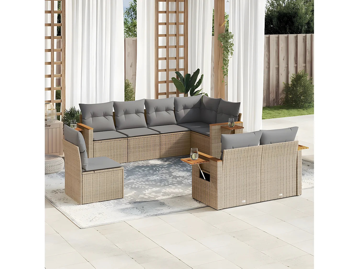 Set Divano da Giardino 8 pz con Cuscini Beige in Polyrattan
