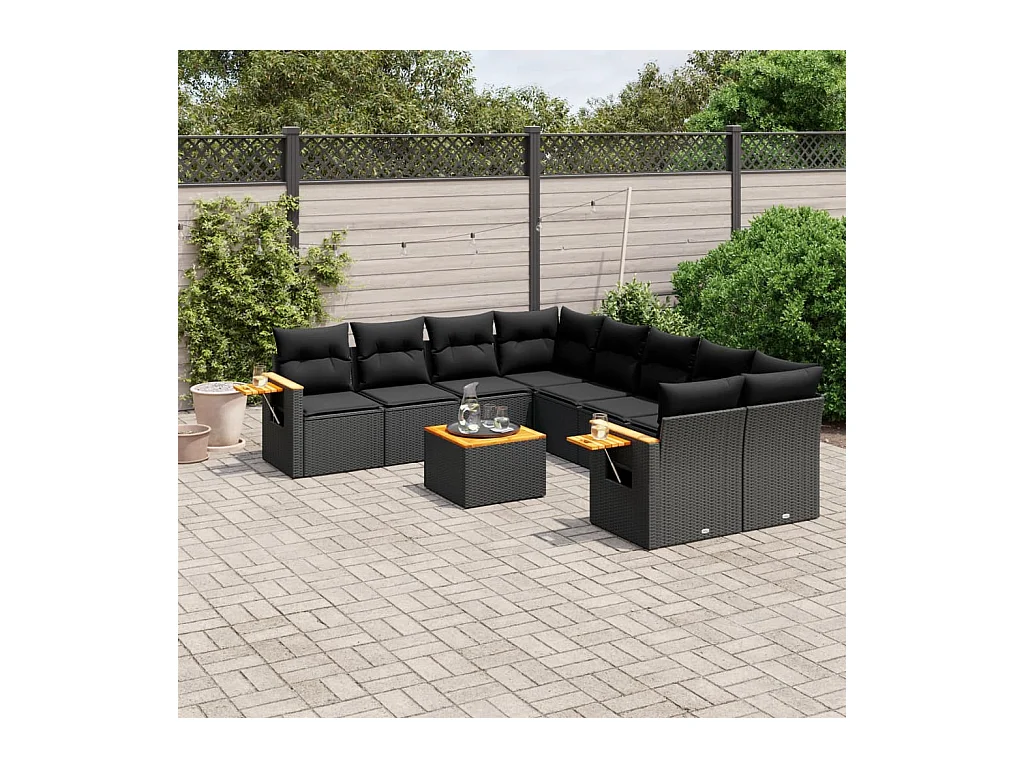 9-tlg. Garten-Sofagarnitur mit Kissen Schwarz Poly Rattan