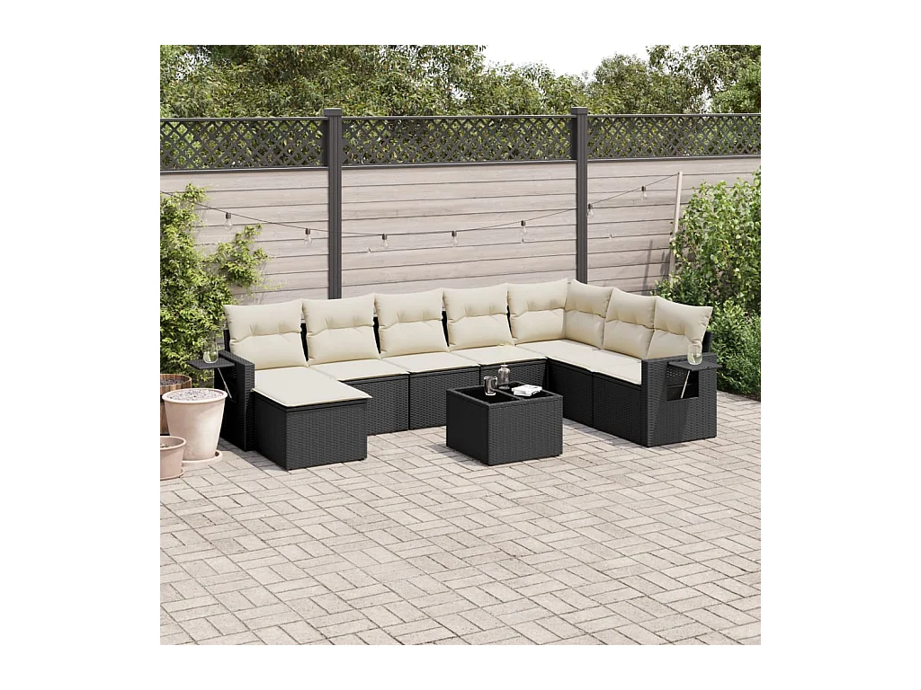 Set Divani da Giardino 9 pz con Cuscini Nero in Polyrattan