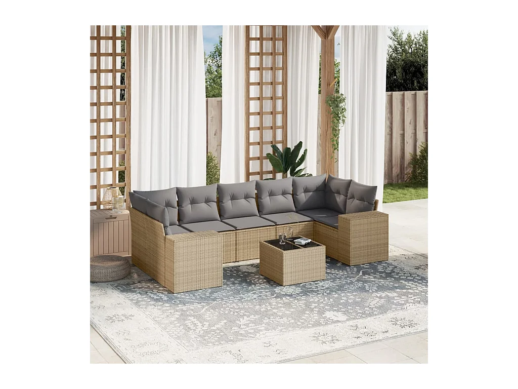 Salon de jardin avec coussins 8 pcs beige résine tressée