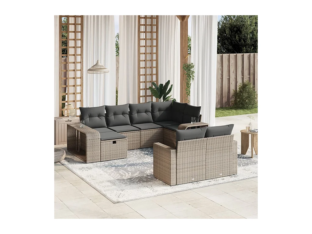 Salon de jardin avec coussins 10 pcs gris résine tressée