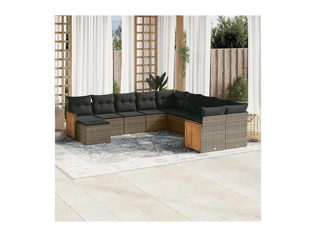 Salon de jardin 11 pcs avec coussins gris résine tressée
