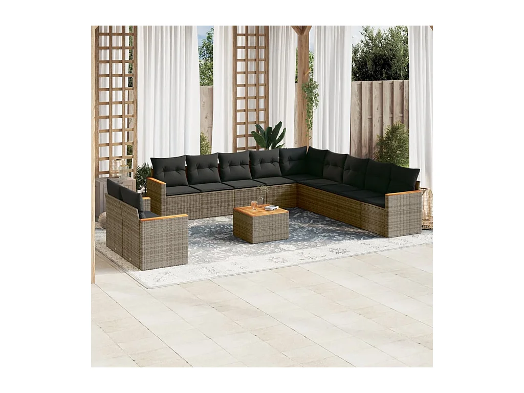 12-delige Loungeset met kussens poly rattan grijs