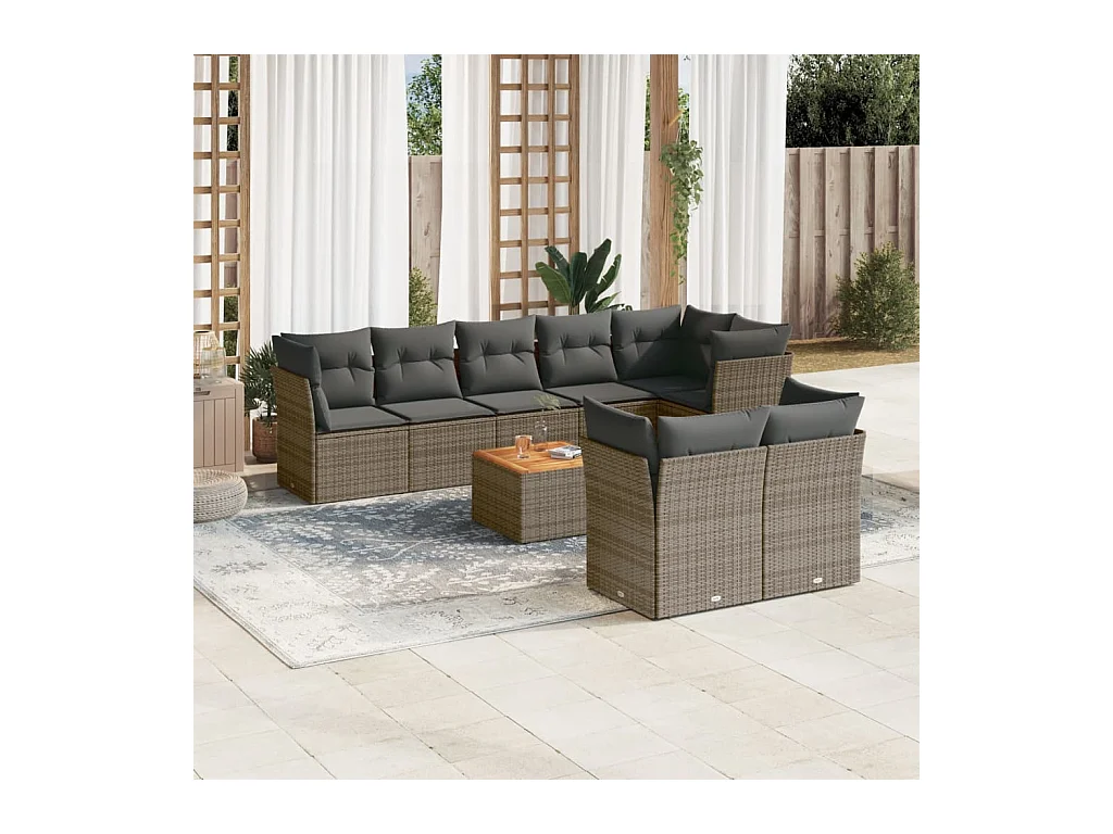 Set de muebles de jardín 9 pzas y cojines ratán sintético gris