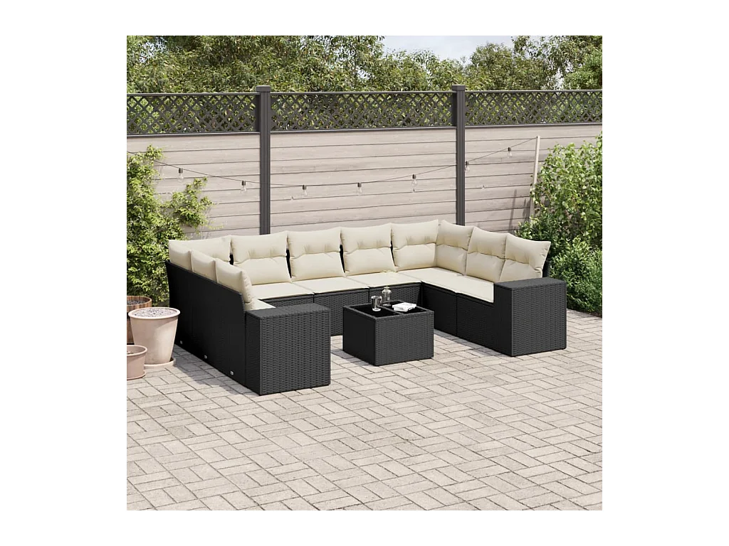 Salon de jardin 10 pcs avec coussins noir résine tressée