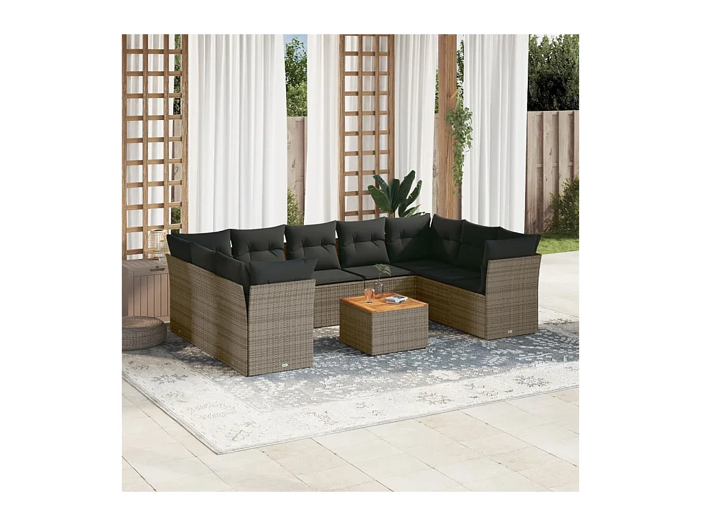 Salon de jardin avec coussins 10 pcs gris résine tressée