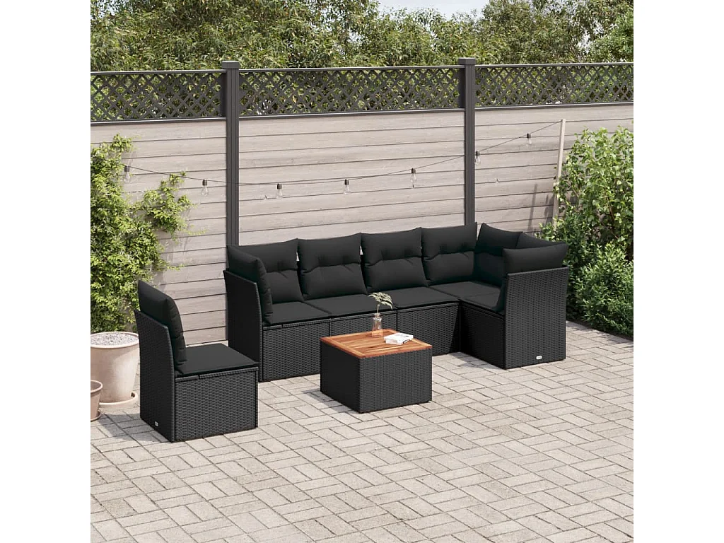 Salon de jardin 7 pcs avec coussins noir résine tressée