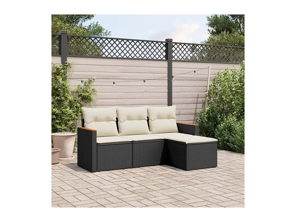 Salon de jardin 4 pcs avec coussins noir résine tressée