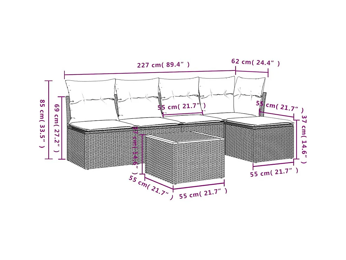 Set Divano da Giardino 6 pz con Cuscini Nero in Polyrattan