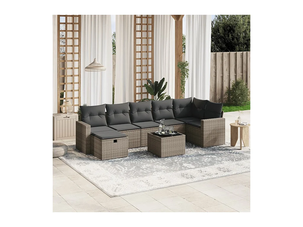 Salon de jardin 8 pcs avec coussins gris résine tressée