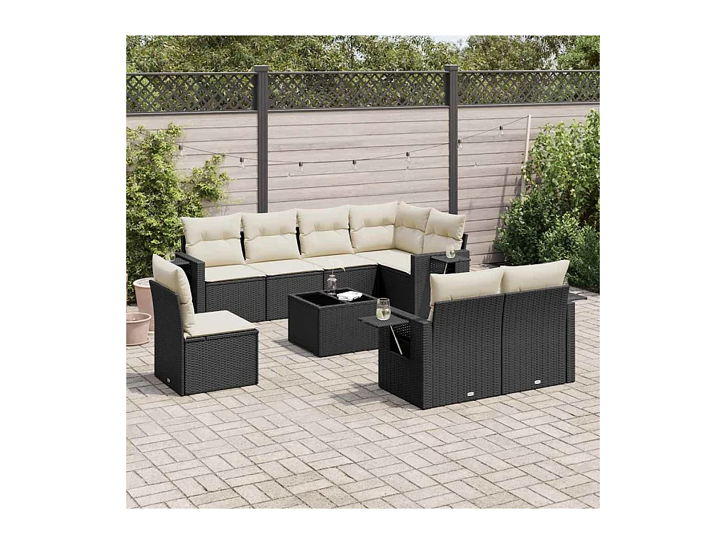 Set Divani da Giardino 9 pz con Cuscini Nero in Polyrattan