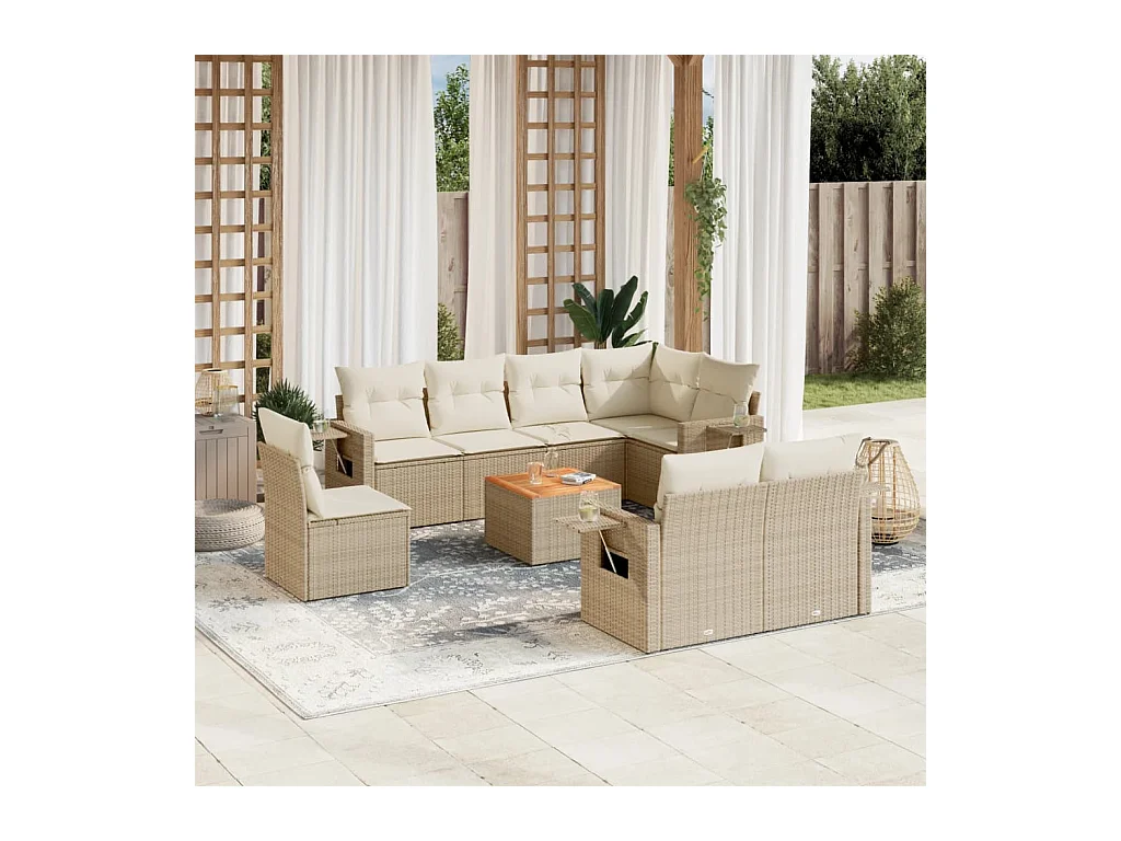 Salon de jardin avec coussins 9 pcs beige résine tressée