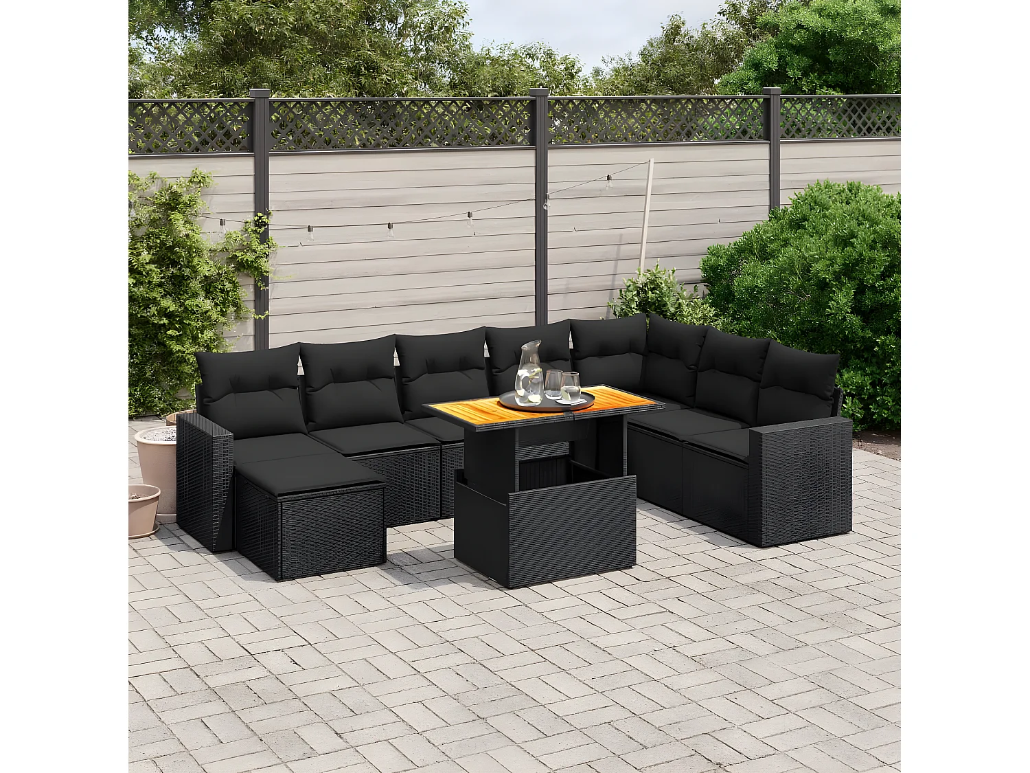 9-tlg. Garten-Sofagarnitur mit Kissen Schwarz Poly Rattan