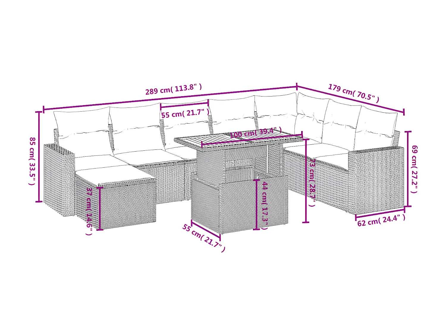 9-tlg. Garten-Sofagarnitur mit Kissen Schwarz Poly Rattan