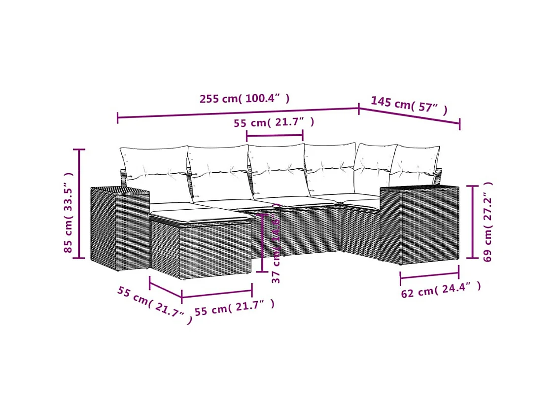 6-delige Loungeset met kussens poly rattan zwart