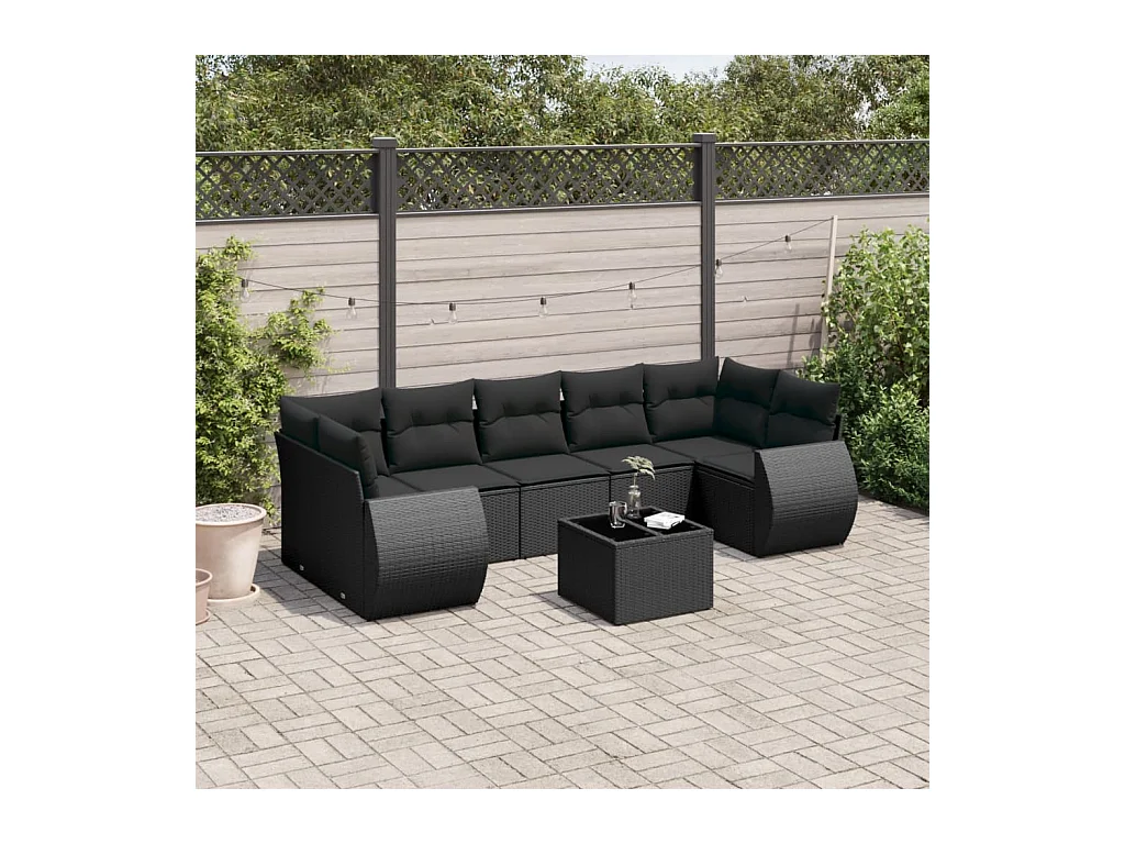 Salon de jardin 8 pcs avec coussins noir résine tressée