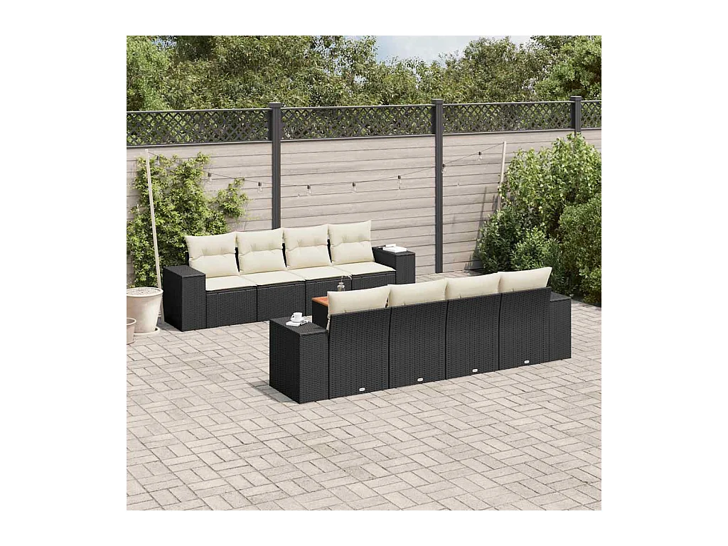 9-delige Loungeset met kussens poly rattan zwart