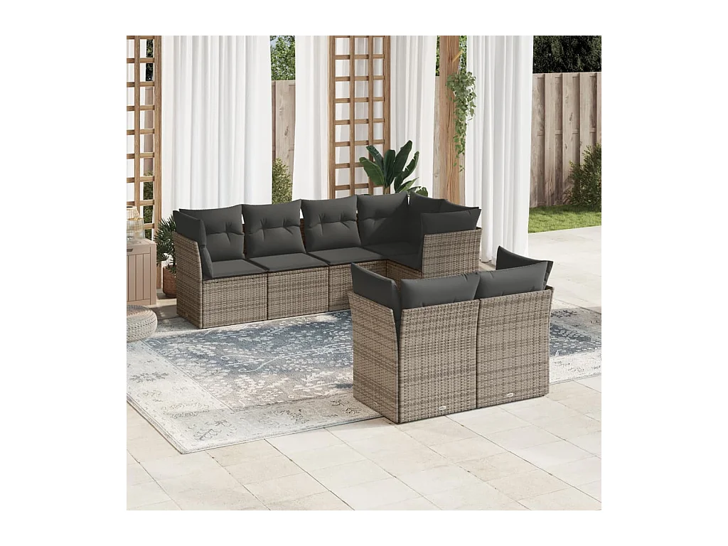 Salon de jardin avec coussins 7 pcs gris résine tressée