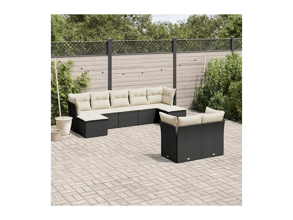 9-delige Loungeset met kussens poly rattan zwart