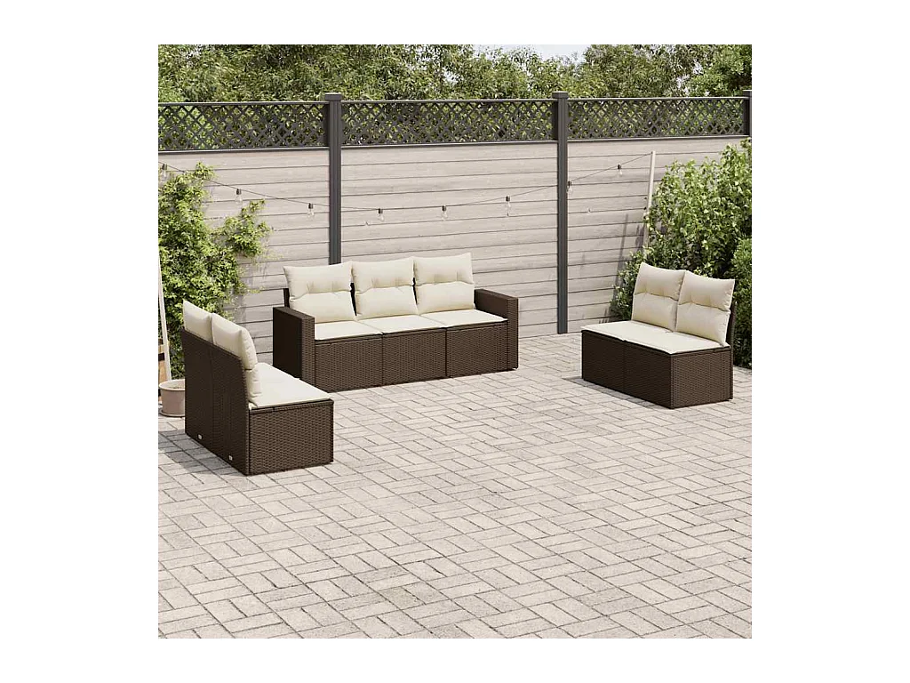 7-tlg. Garten-Sofagarnitur mit Kissen Braun Poly Rattan
