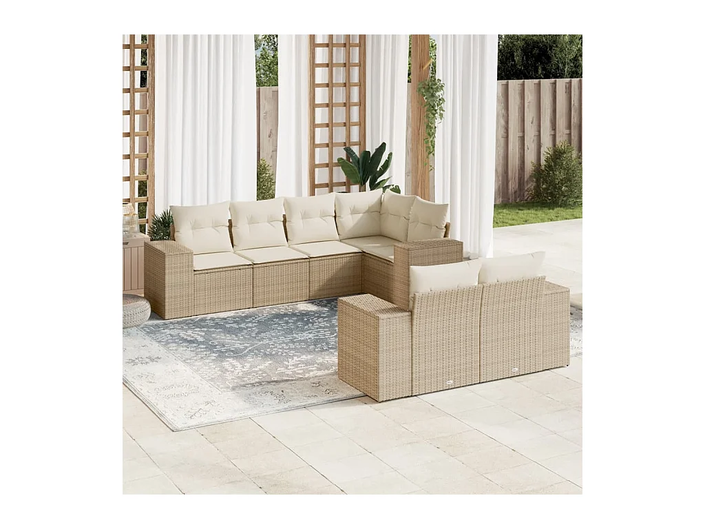Salon de jardin avec coussins 7 pcs beige résine tressée