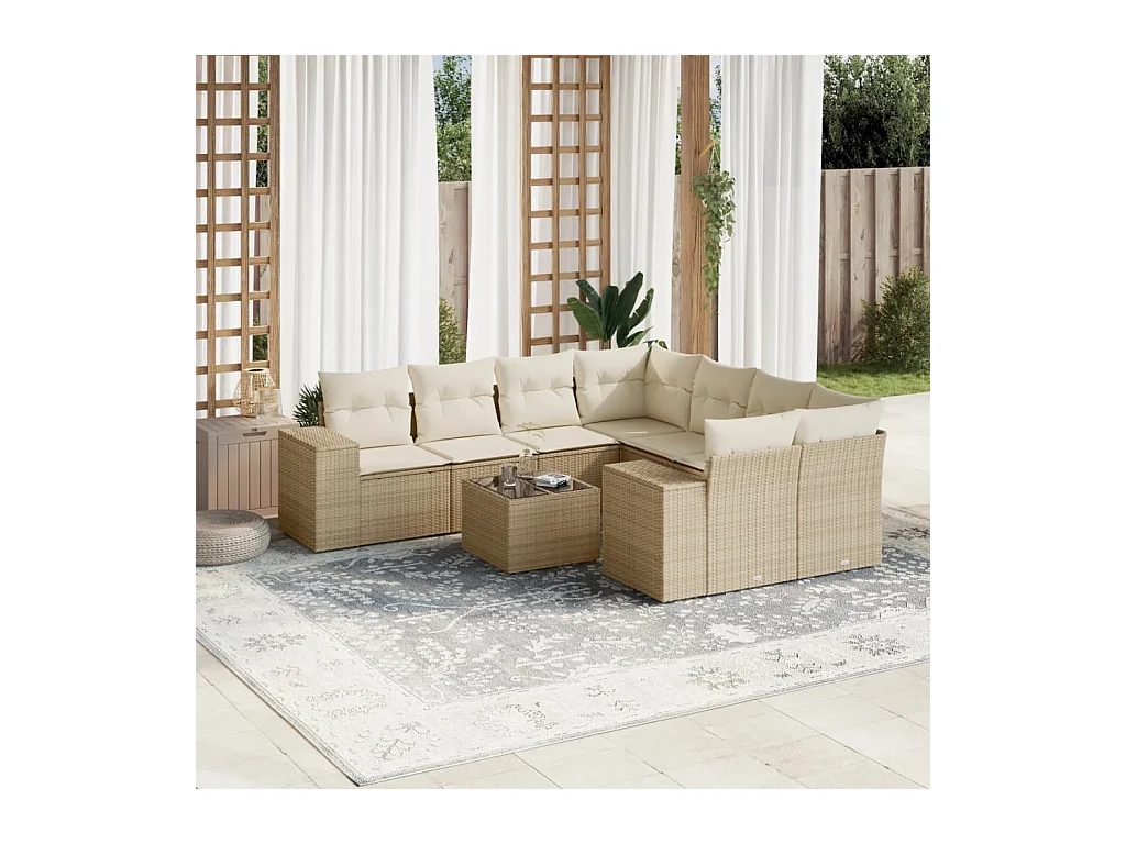 9 pcs conjunto de sofás p/ jardim com almofadões vime PE bege