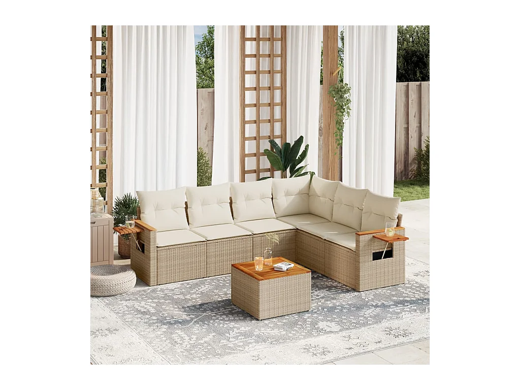 Salon de jardin avec coussins 7 pcs beige résine tressée