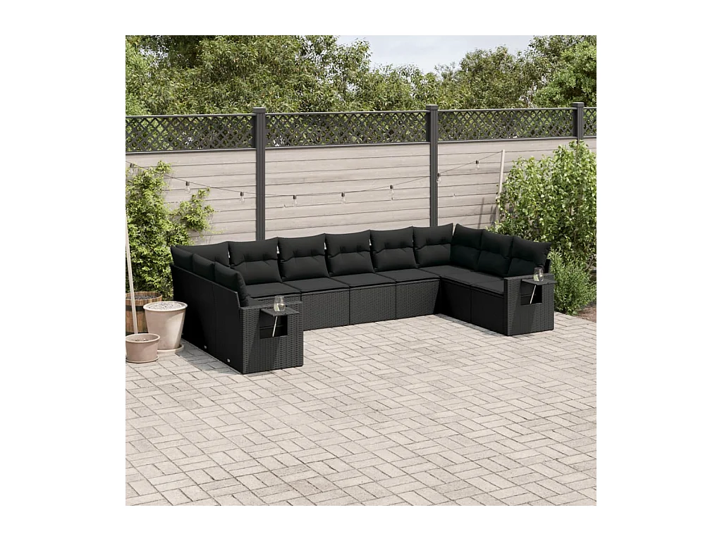 Salon de jardin 10 pcs avec coussins noir résine tressée