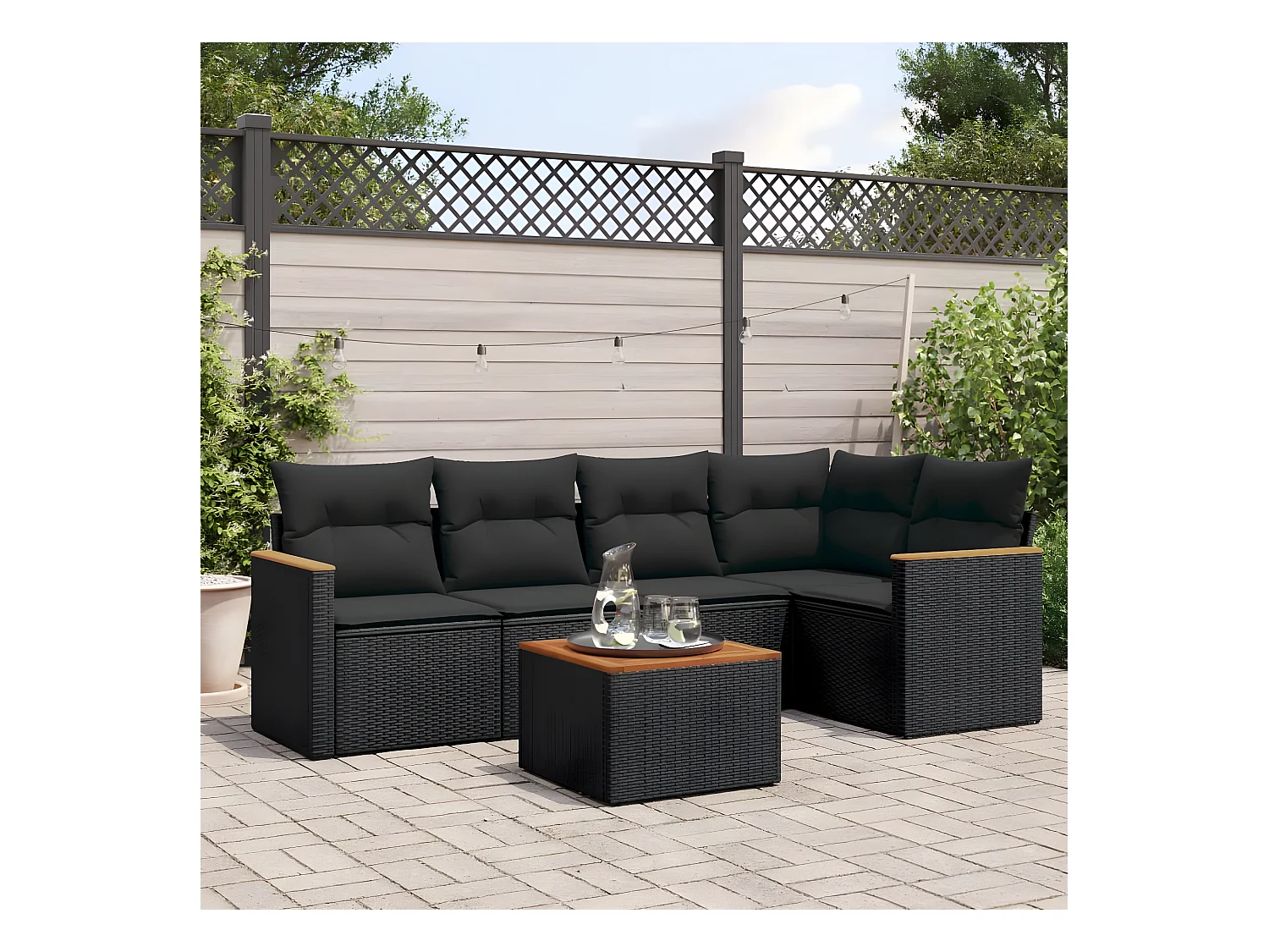 Set Divano da Giardino 6 pz con Cuscini Nero in Polyrattan