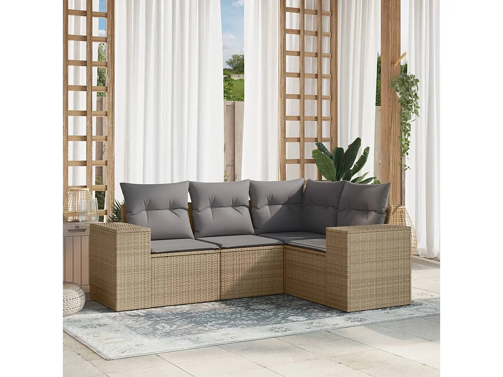 Set Divano da Giardino 4 pz con Cuscini Beige in Polyrattan