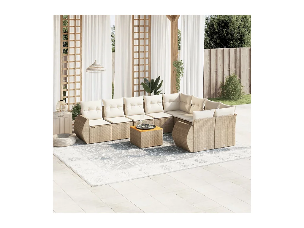 Salon de jardin avec coussins 10 pcs beige résine tressée