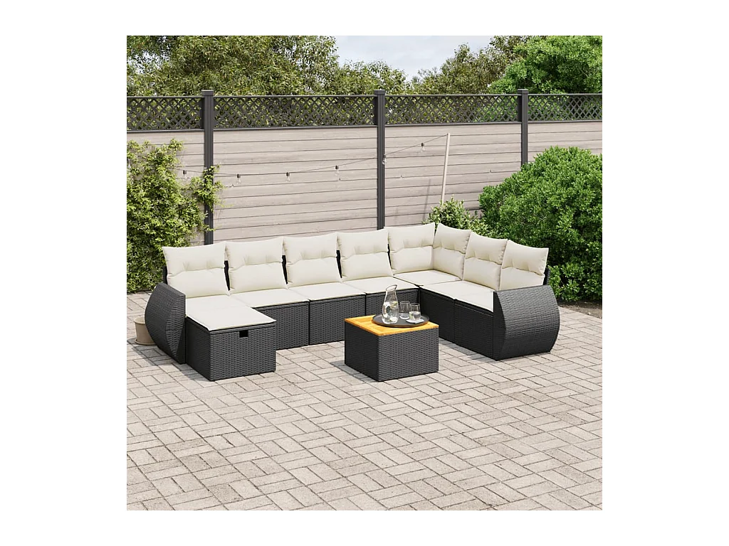 Salon de jardin 9 pcs avec coussins noir résine tressée