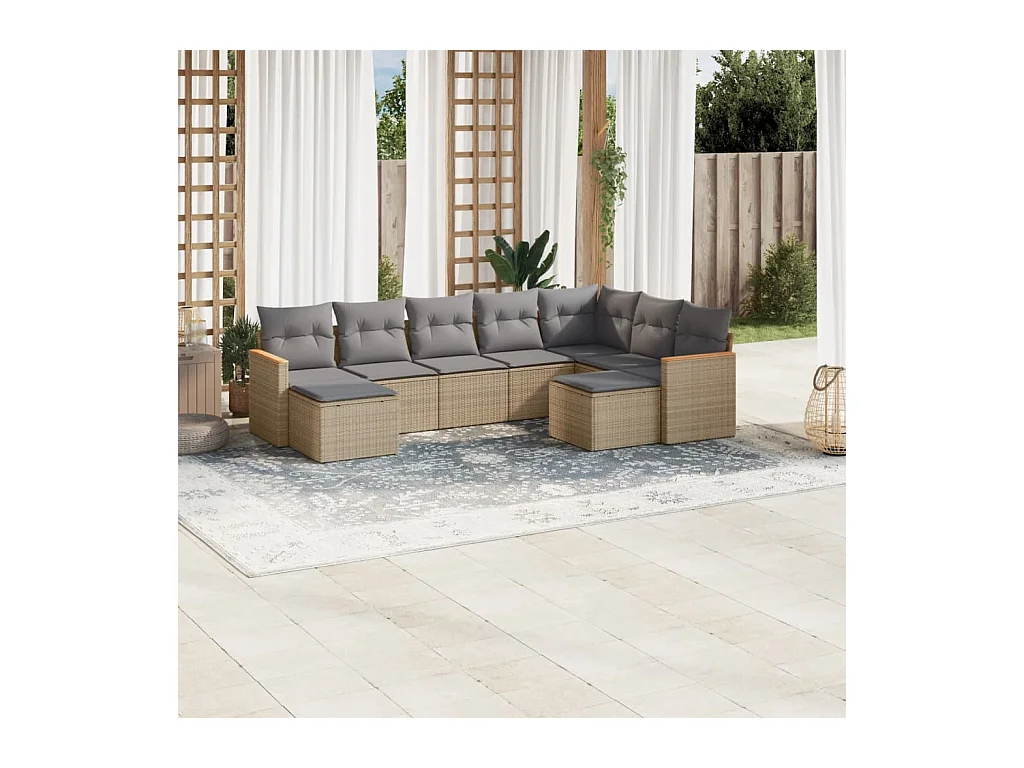 Salon de jardin avec coussins 9 pcs beige résine tressée