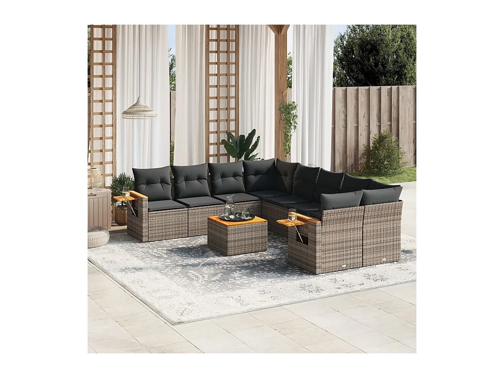 9-tlg. Garten-Sofagarnitur mit Kissen Grau Poly Rattan