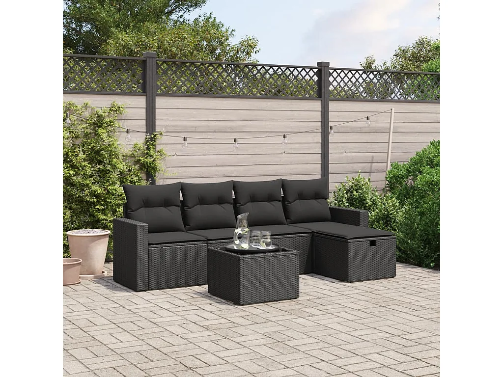Set Divano da Giardino 6 pz con Cuscini Nero in Polyrattan