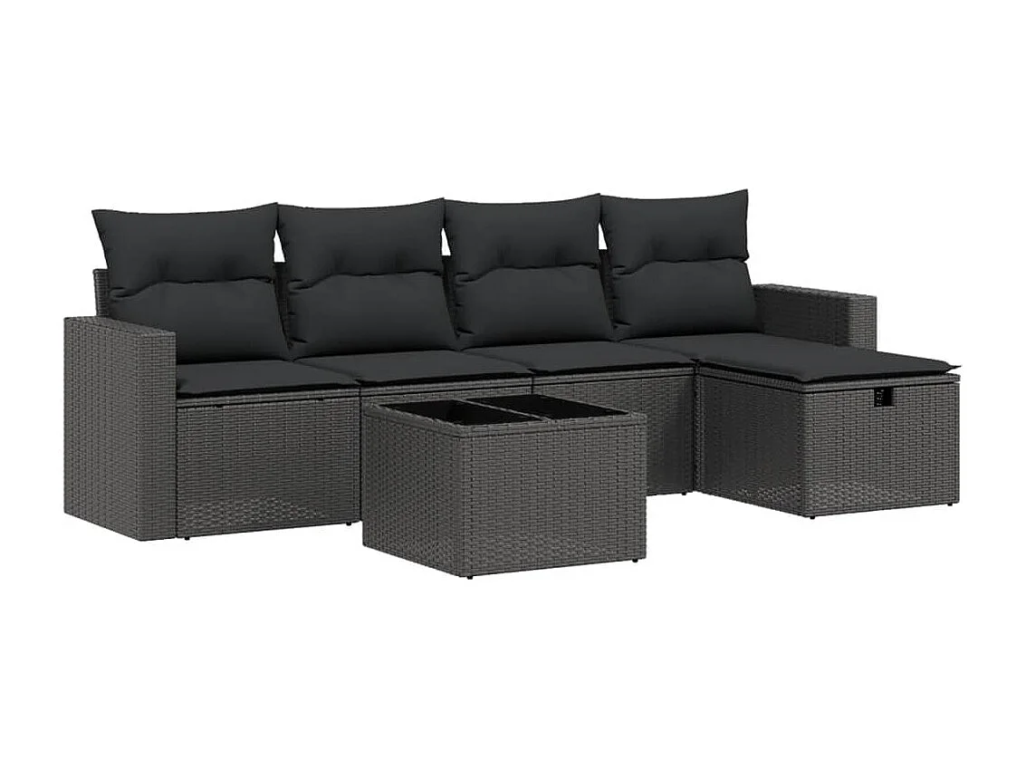 Set Divano da Giardino 6 pz con Cuscini Nero in Polyrattan