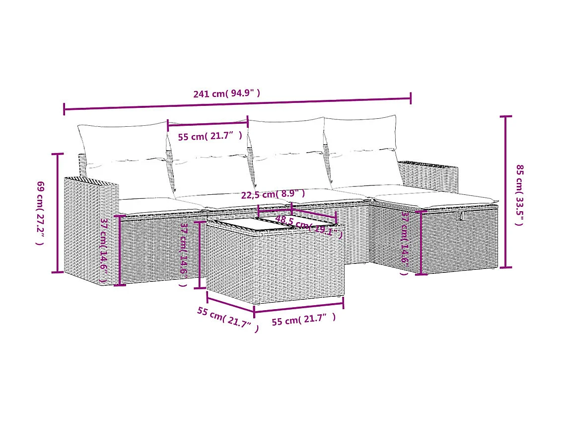 Set Divano da Giardino 6 pz con Cuscini Nero in Polyrattan