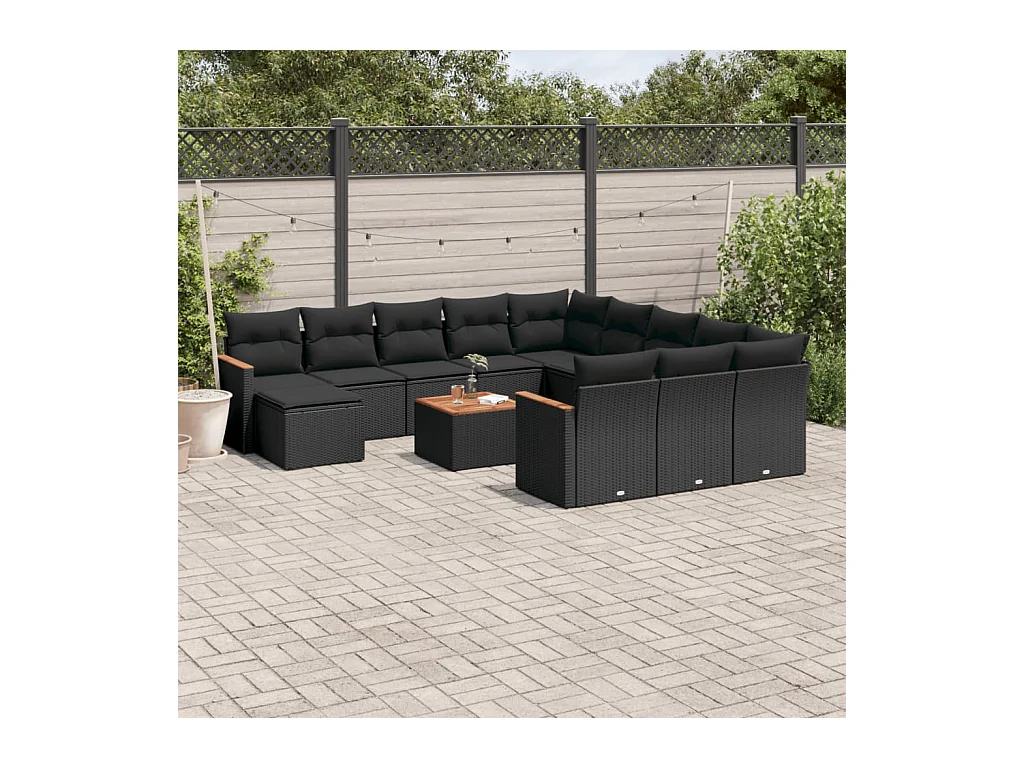 Salon de jardin avec coussins 13 pcs noir résine tressée