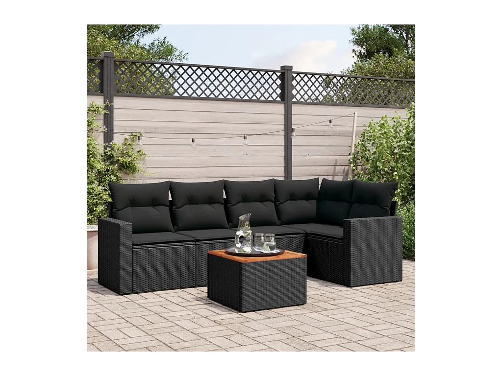 Salon de jardin 6 pcs avec coussins noir résine tressée
