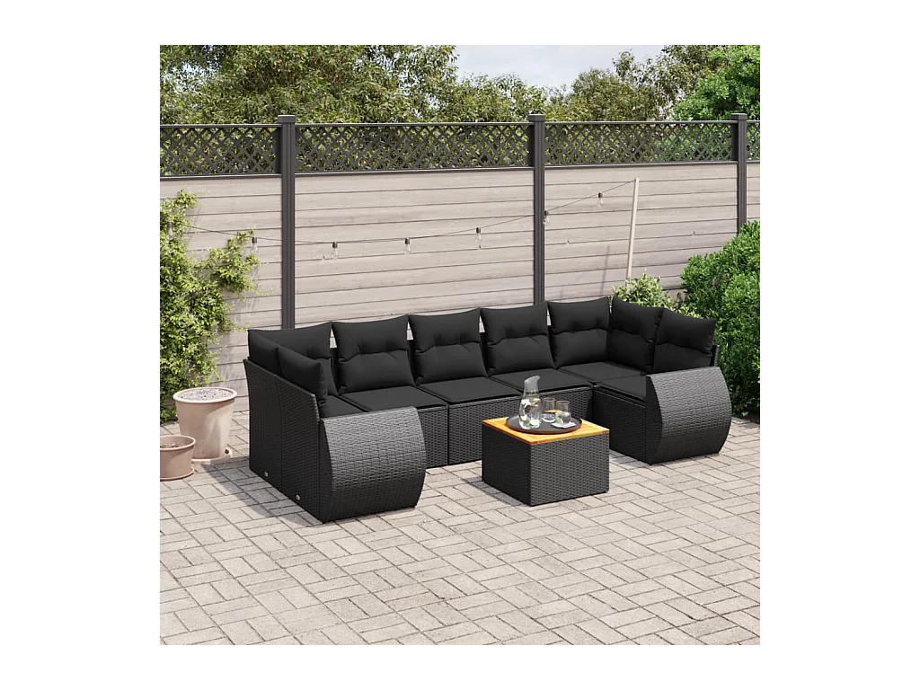 Salon de jardin 8 pcs avec coussins noir résine tressée