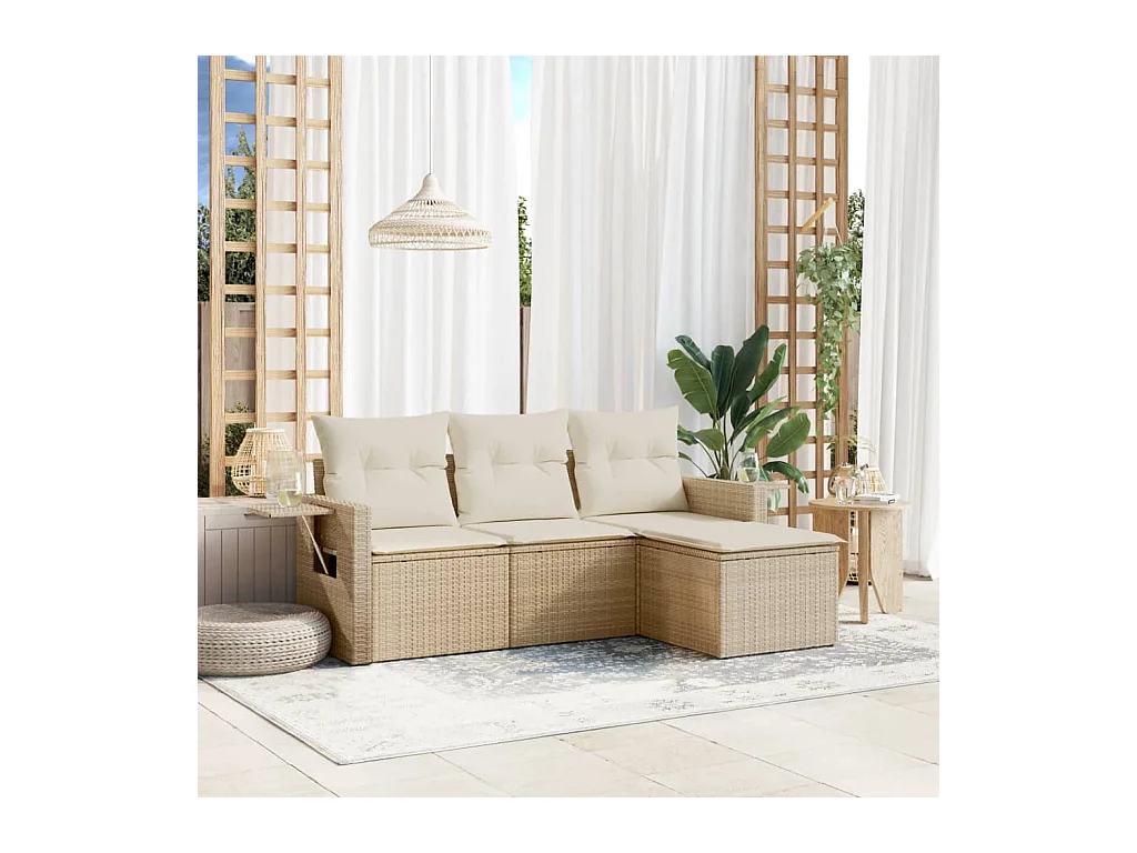 Salon de jardin avec coussins 4 pcs beige résine tressée